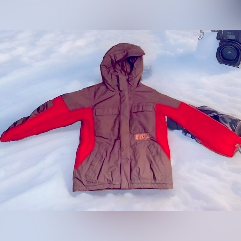 Children’s Burton Nylon  Snowboard Jacket W/Hood + Pockets Boys Sz L Red/Brown